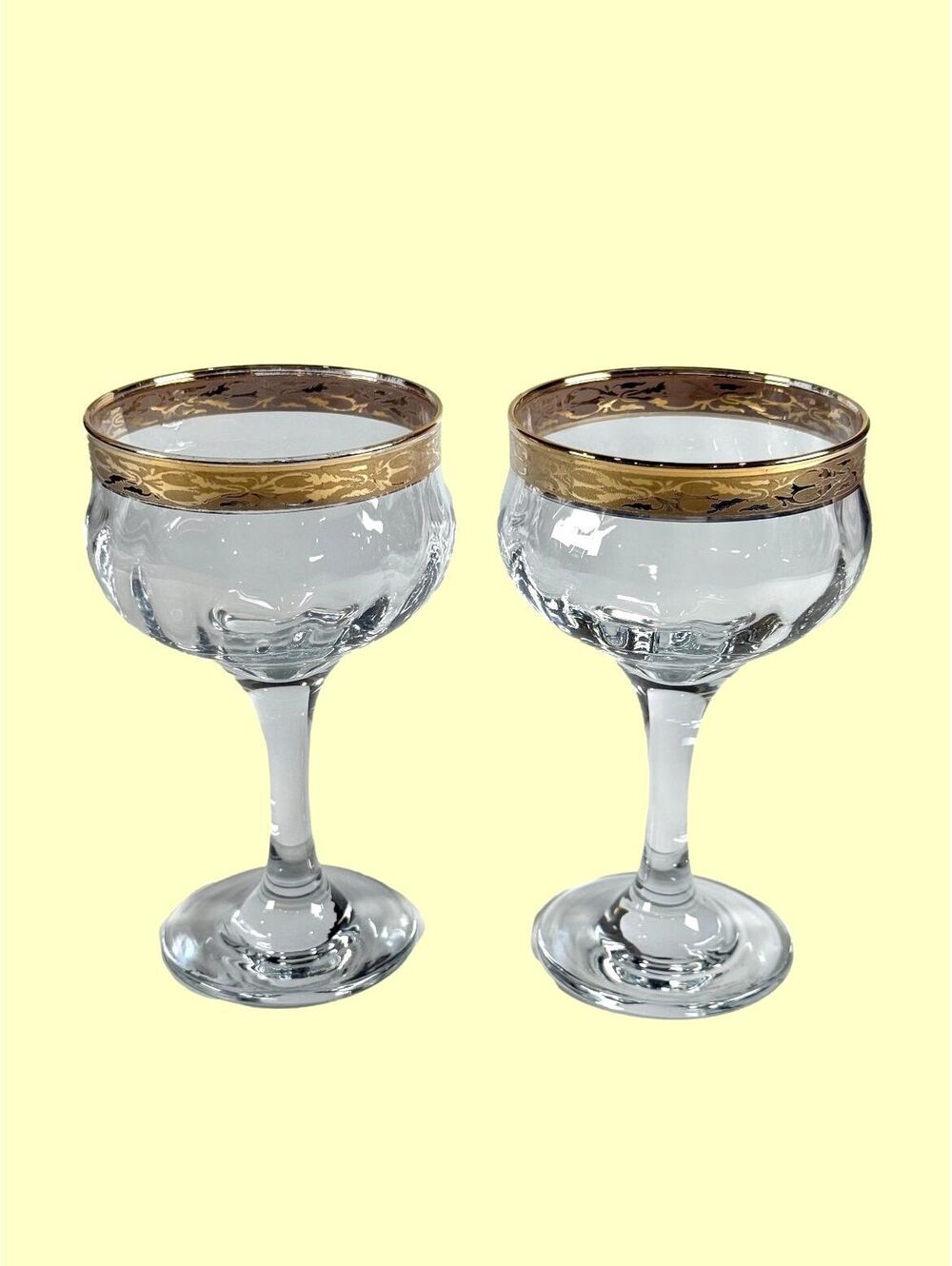 Set of 2 Etched Gold Rim Coupe Glasses Vintage Circleware Hollywood Regency